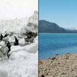A paisagem da geleira Muir, no Alasca (EUA), foi registrada à esquerda no ano de 1882 e à direita mais de um século mais tarde, em agosto de 2005