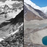 As imagens da geleira Imja, na Cordilheira do Himalaia, no Nepal, têm meio século de diferença. À esquerda, a foto data de outubro de 1956 e a da direita, de outubro de 2007