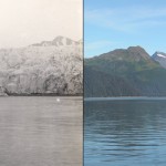 Geleira McCarty localizada no sudeste do Alasca (EUA) em duas imagens à esquerda uma imagem de 1909, comparada com uma foto tirada em 2004
